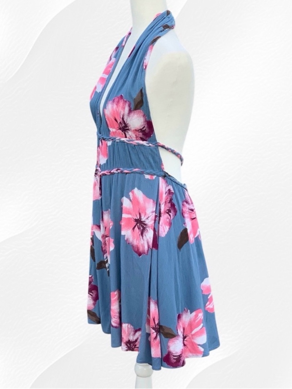 Venus Backless Blue & Pink Hibiscus Tropical Floral Crepe Halter Swing Dress 10 - Picture 5 of 11
